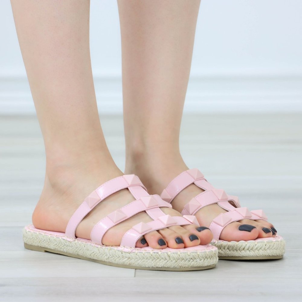 Pink Quilted Pattern Espadrille Trendy Comfy Flat Sandal Slip On Sliders - Picture 4 of 15